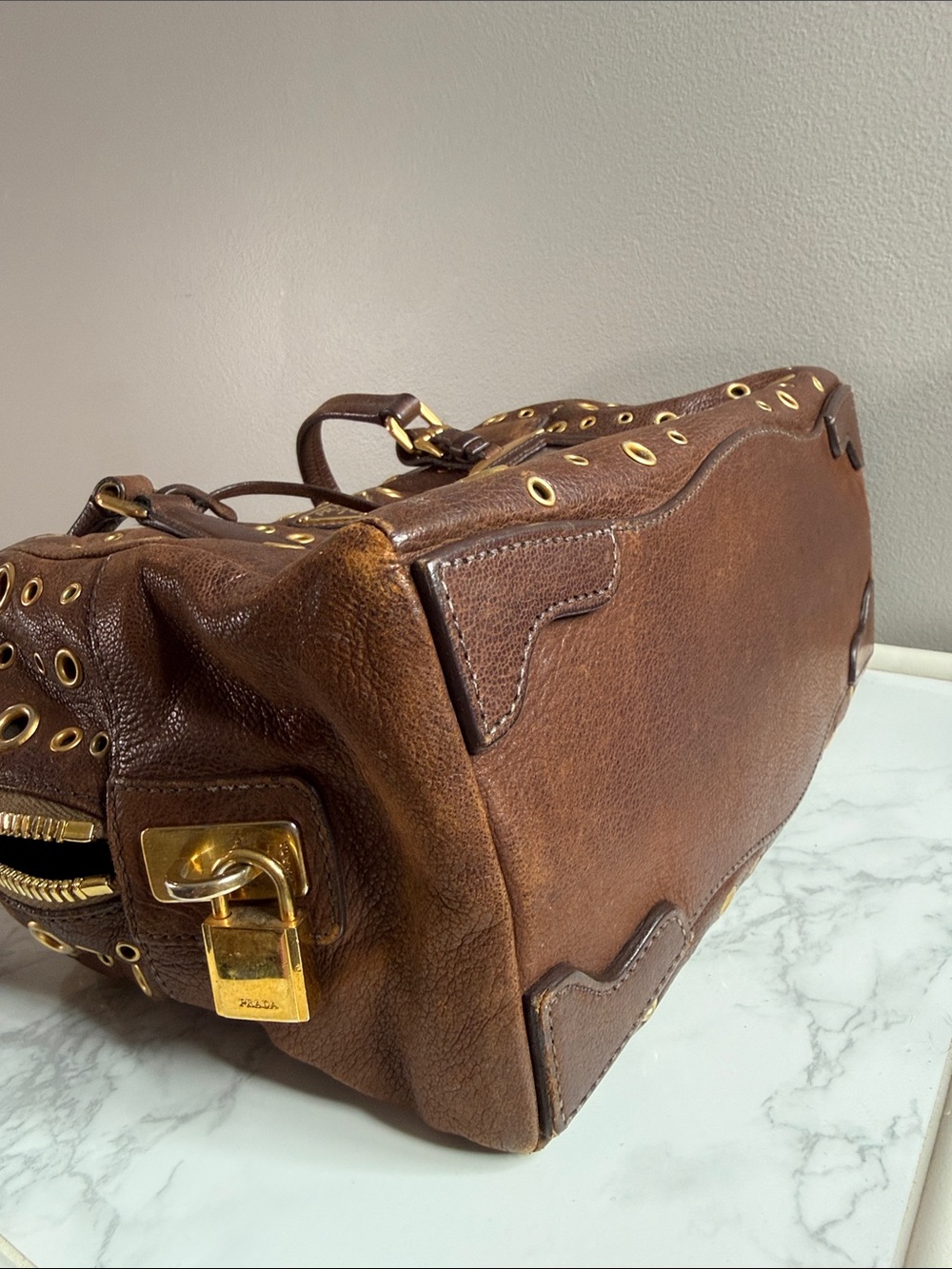 Prada Dark Brown Leather Grommet Satchel with Gold Hardware - Picture 7 of 12